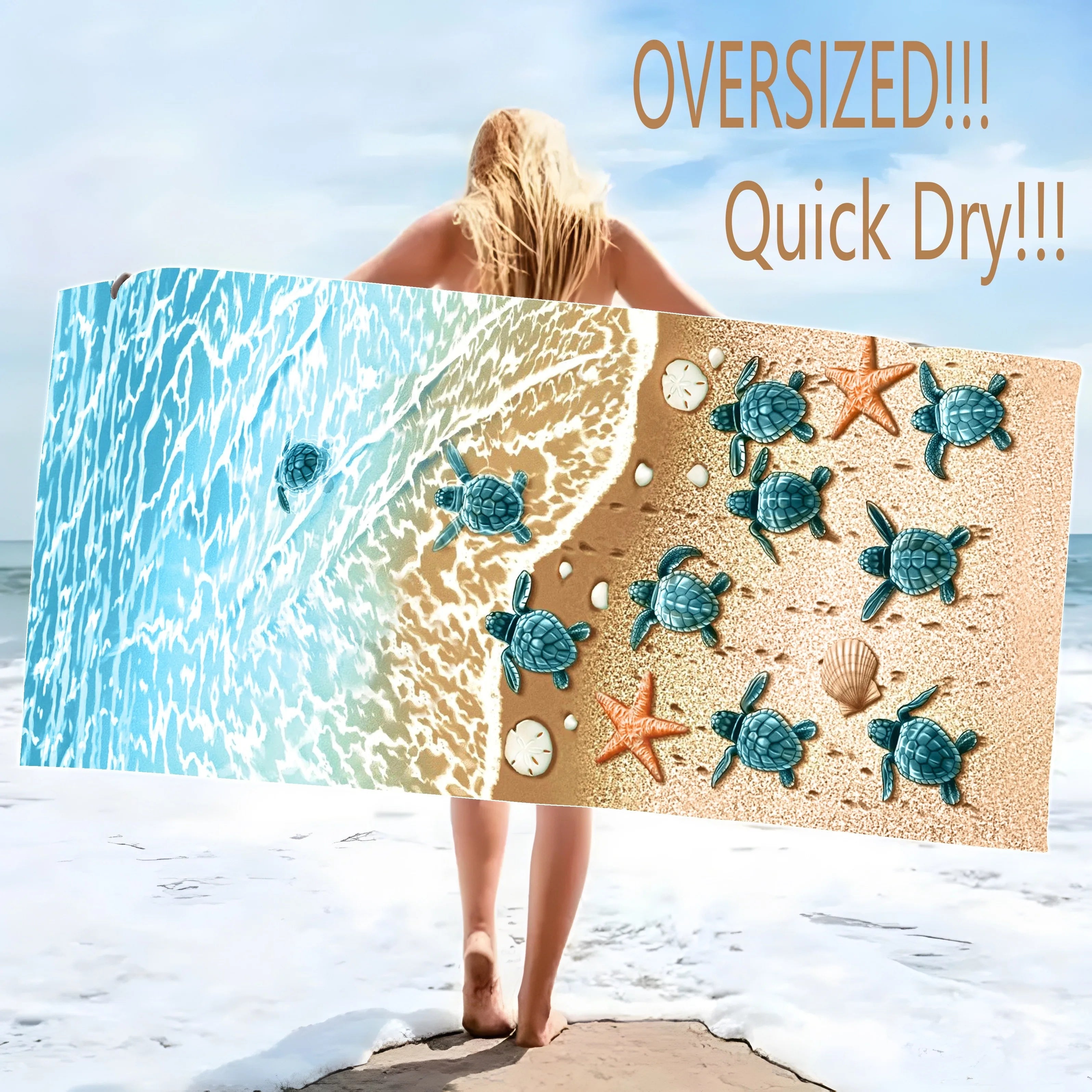 1pc, Oversized Microfiber Beach Towel with Cute Sea Stars and Turtles Graphic Pattern - Lightweight and Modern