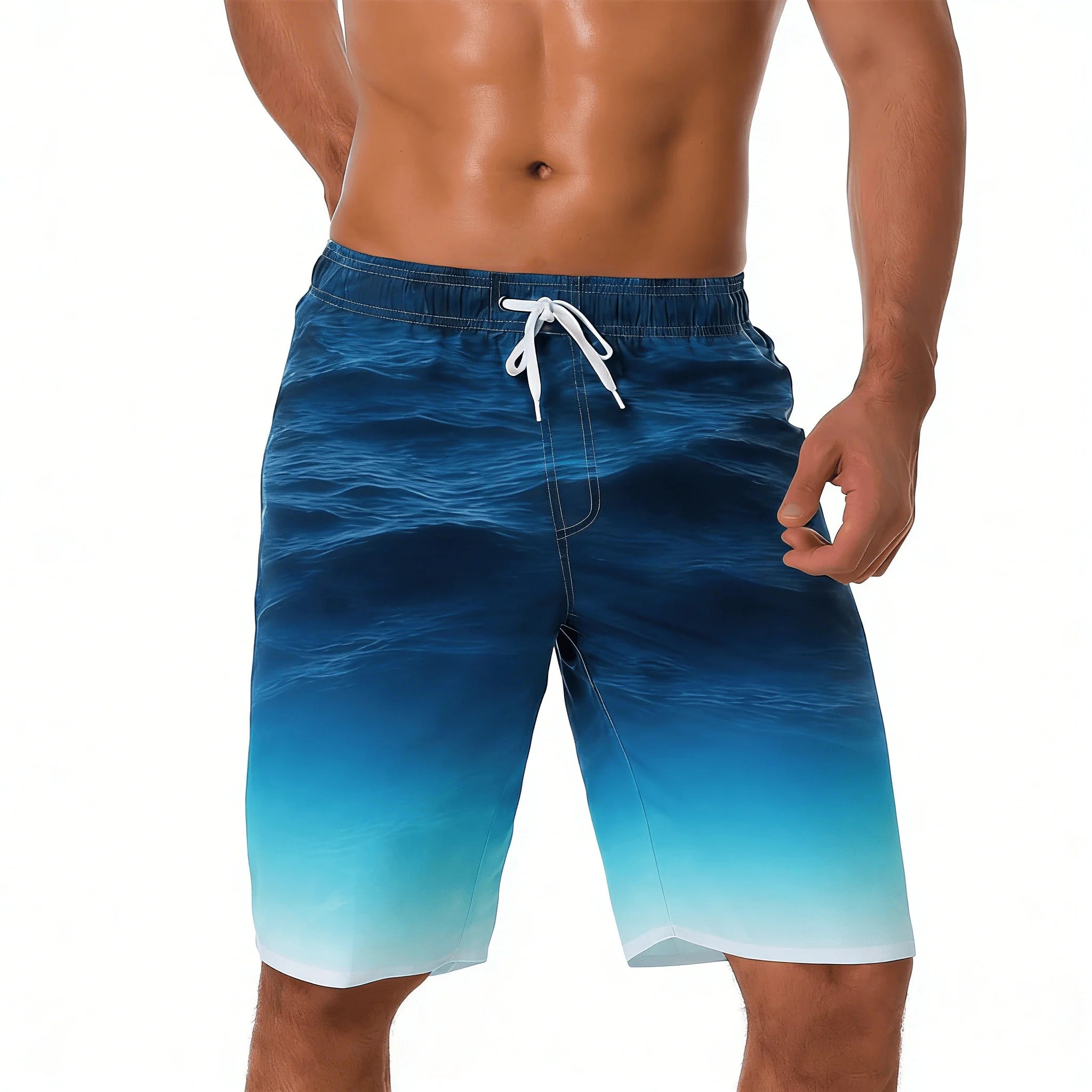 Men's Cyan Gradient Water Ripple Print Drawstring Shorts, Spring Summer Fresh Beach Casual Shorts, Pocket Beach Shorts