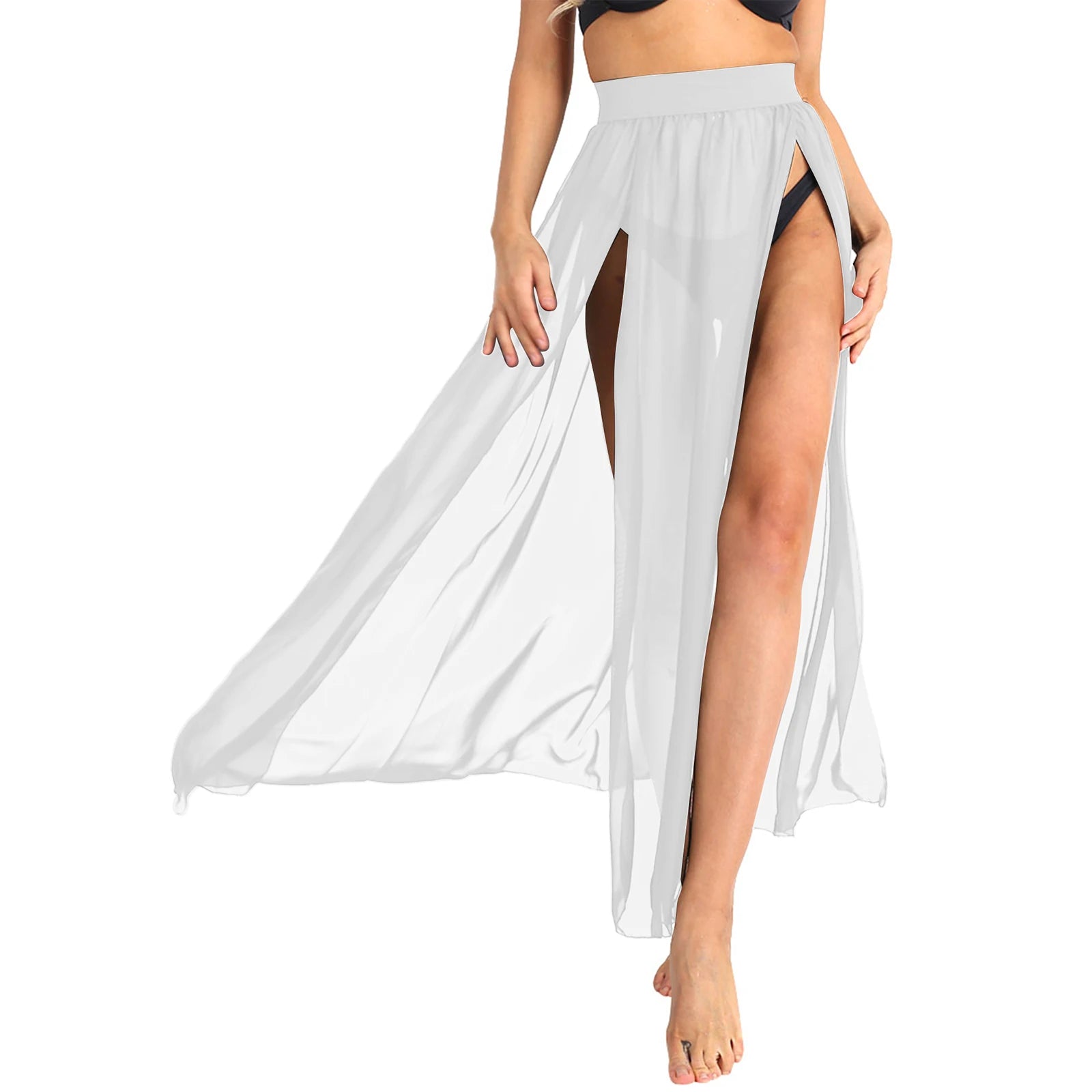 Sexy Women Sheer See Through Chiffon Maxi Skirts High Split Flowy Long Skirt Transparent Bikini Cover Up Bottoms Pool Party Club