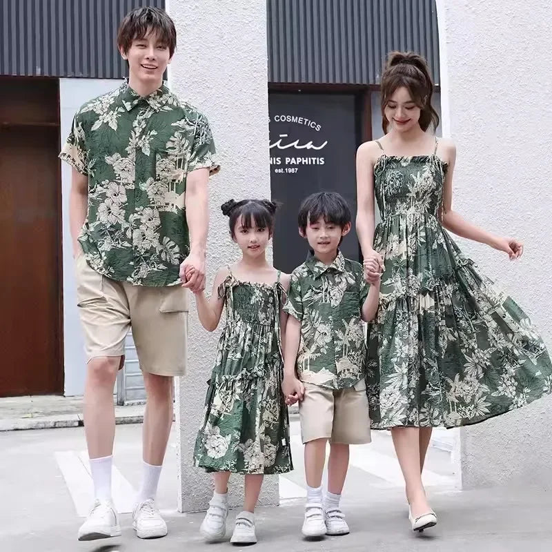 Holiday Family Matching Beach Clothes Couple Vacation Look Mom  Dress Resort Dad Son Print Shirts Outfits Daughter Smock Green