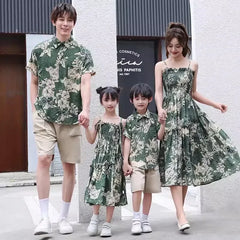 Holiday Family Matching Beach Clothes Couple Vacation Look Mom  Dress Resort Dad Son Print Shirts Outfits Daughter Smock Green