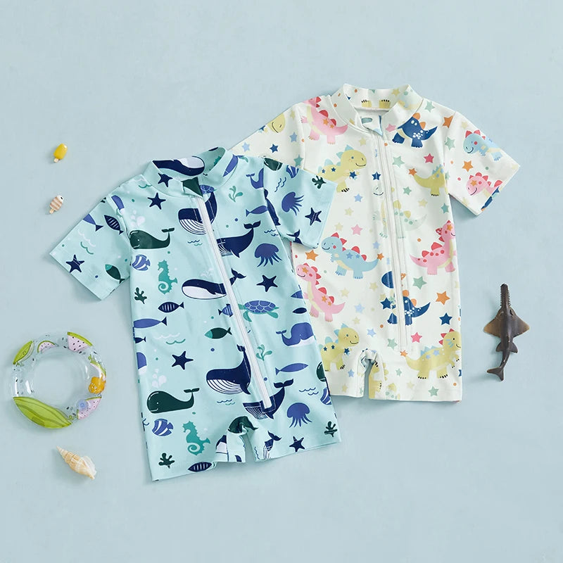 1-4Y Kids Baby Boys Rash Guard Swimsuit Toddler Dinosaur Whale Pattern Zip-up Short Sleeve Crew Neck Swimwear Beachwear