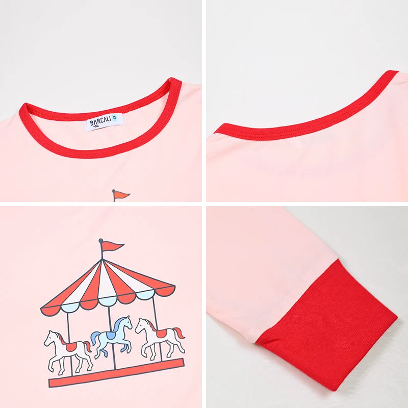 Summer Family Matching Set Long Sleeve Pajamas Brother and Sister Matching Pink and Blue Carousel Soft Print Sibling Clothes