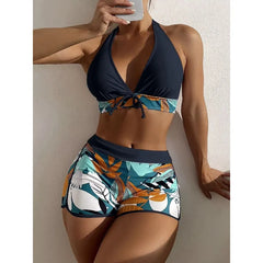 Europe and the United States swimsuit ladies print neck conservative flat Angle high waist split flat Angle bikini high waist