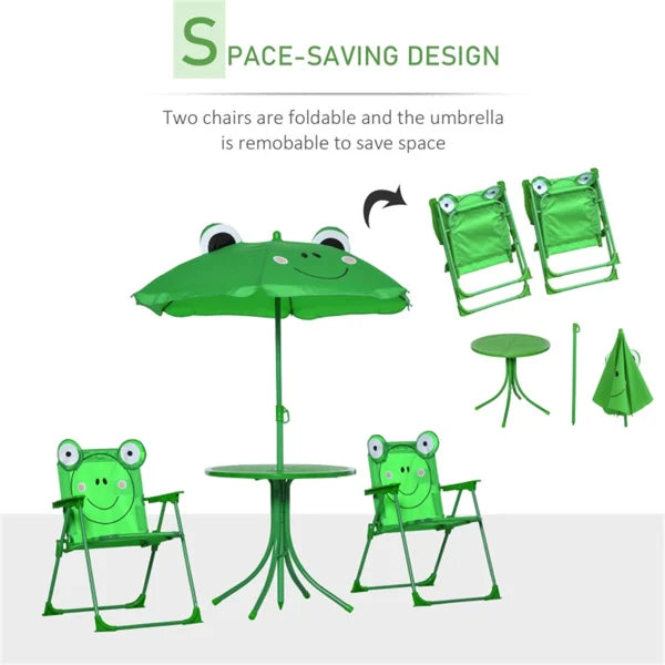 Cute Monkey Kids Patio Table Chair Set with Removable Cartoon Sun Umbrella, Foldable Portable Outdoor Toddler Furniture, 2 Folding Chairs Round Metal Table, Space Saving Kids Play Dining Set for Backyard Garden Lawn Picnic Be