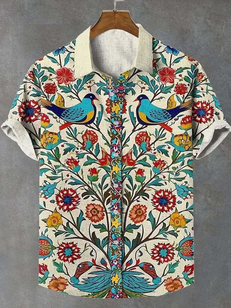 Summer Men's Printed Short Sleeve Shirt Vintage Linen Shirt Men's Festival Casual Short Sleeve Top Street Trend Fast Delivery