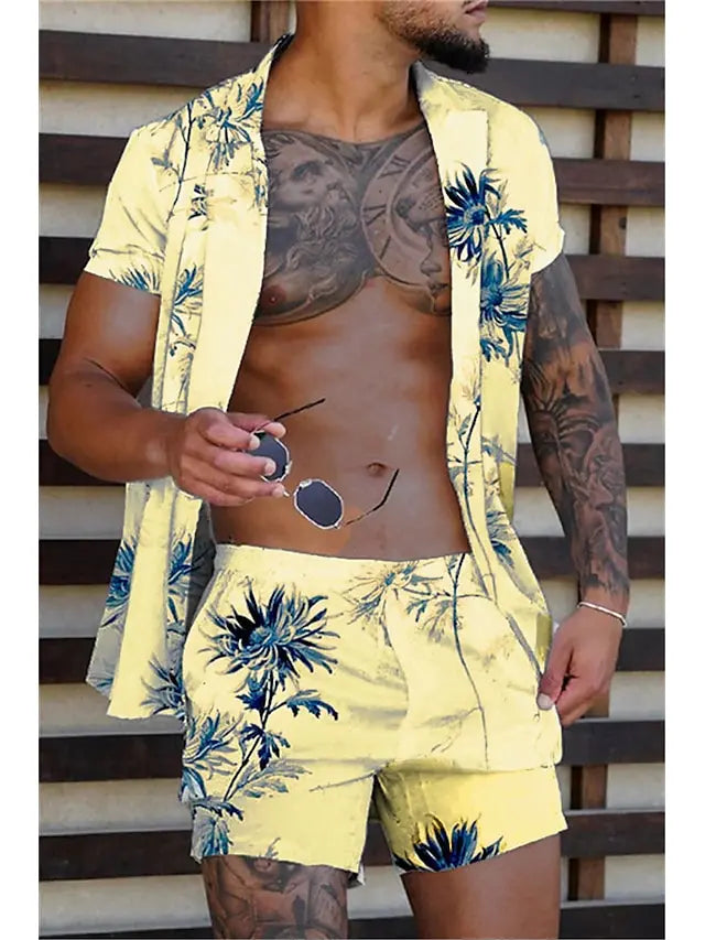 Hawaiian Plants Multicolor Print Men's Shirt and Shorts Two Piece Set Casual Vacation Men's Shirt Set Short Sleeve Button Shirt