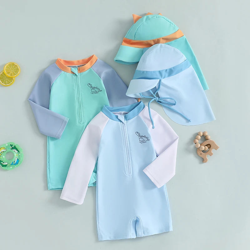 0-3T Newborn Toddler Boys Rash Guard Swimsuit Contrast Color Dinosaur Print Long Sleeve Mock Neck Zip Bathing Suit with Hat