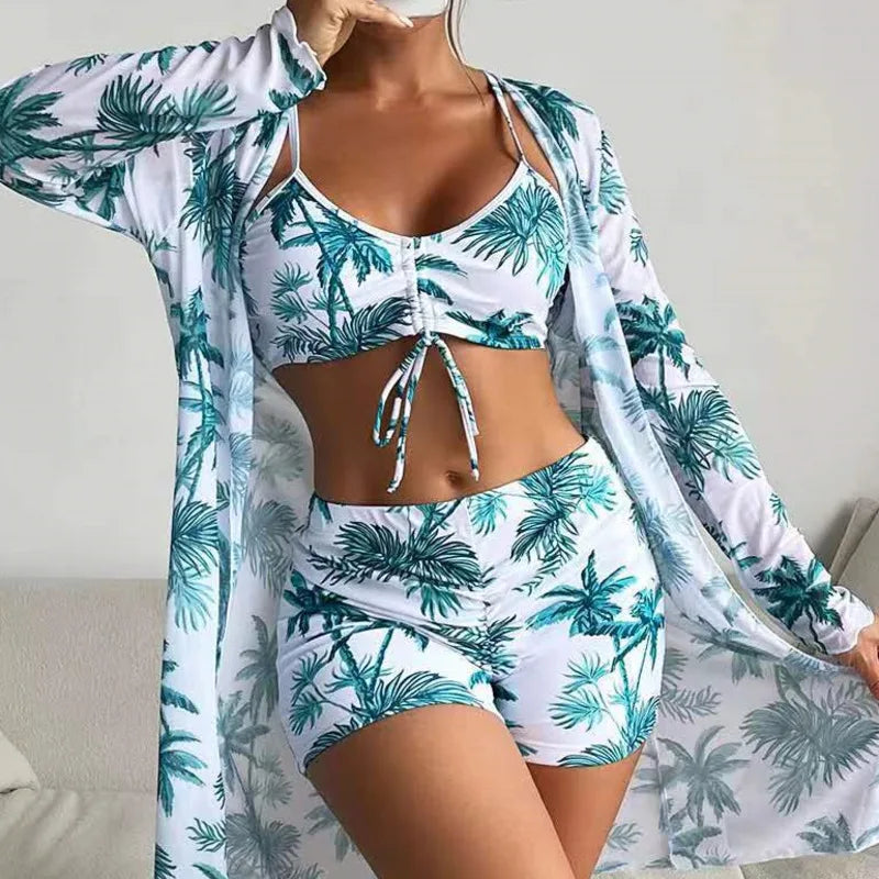 Summer Print Swimsuits Tankini Sets Female Swimwear Sports Beach Wear Three-Piece Bathing Suits Pool Women's Swimming Suit