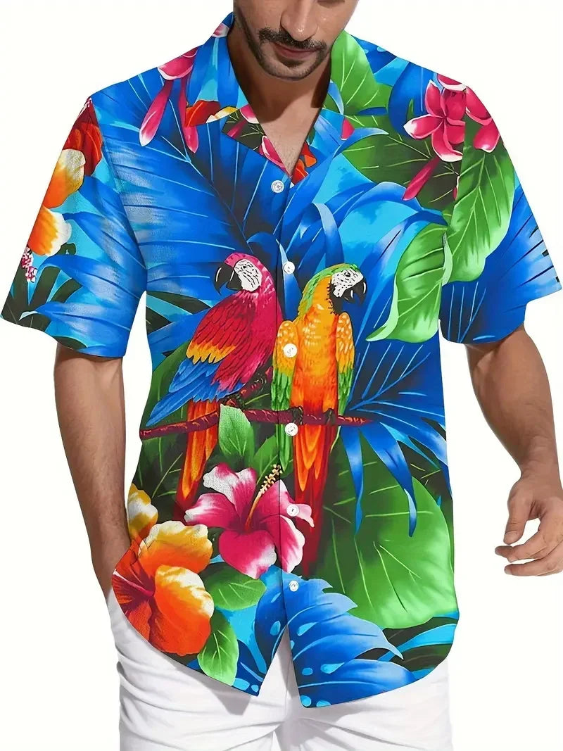 Men's Vibrant Parrot Tropical Floral Print Hawaii Shirts Casual Short Sleeve Button Up Beach Shirt for Men Summer Vacations