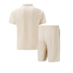 Men Europe and the United States New Summer Waffle Solid Color Zip-Up Lapel Short-Sleeve Suit Shorts Two Sets