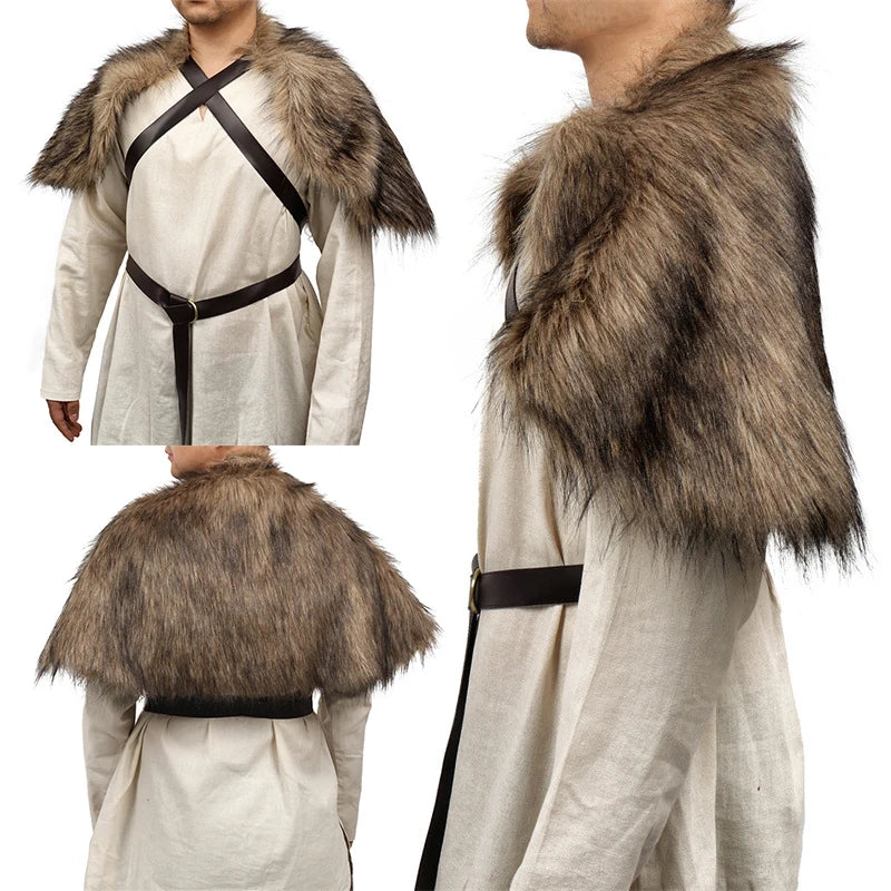 Fur Collar Cape Medieval Winter Clothing King Warrior Viking Fur Shawl With Chest Strap Faux Fur Cloak Halloween Cosplay Costume