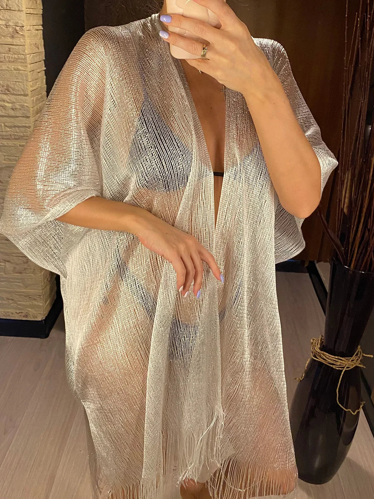 Sexy Fringe Tassel Sheer Knitted Beach Cover Up Dress Shiny Mesh Tunic for Women Swimwear Mesh Cover Lightweight Beach Dress