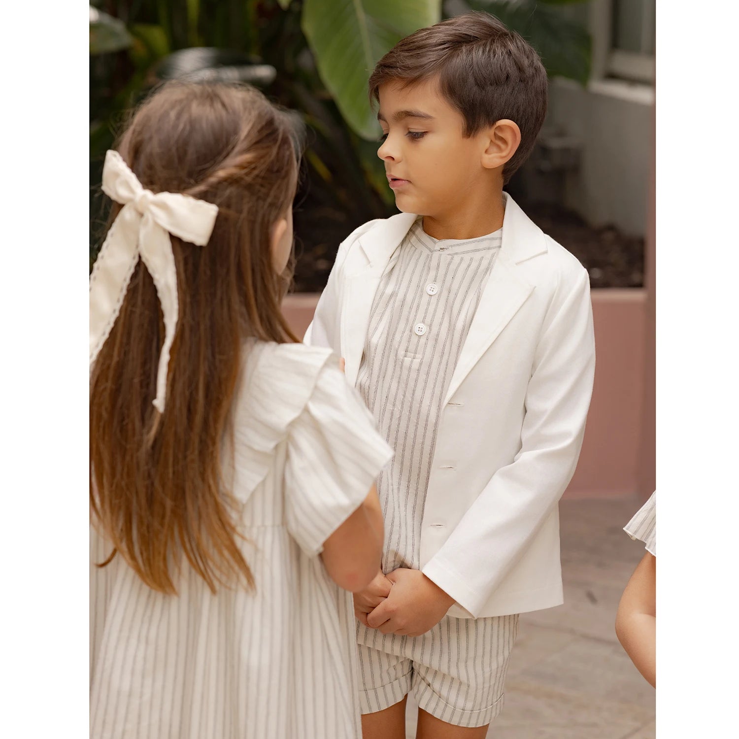 AP Santorini Stripe Collection SS26 Girls Ruffles Sleeve Dress Baby Kids Set V-neck Knit Top Brothers Sisters Family Matching