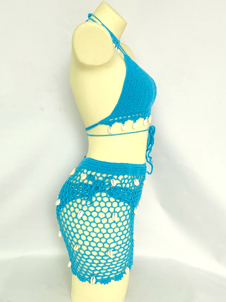 Women Beach Wear Swimsuit Cover-Ups Boho Summer See-Through Hollow Out Bandage High Waist Short Beach Skirt Crochet Knit Skirts