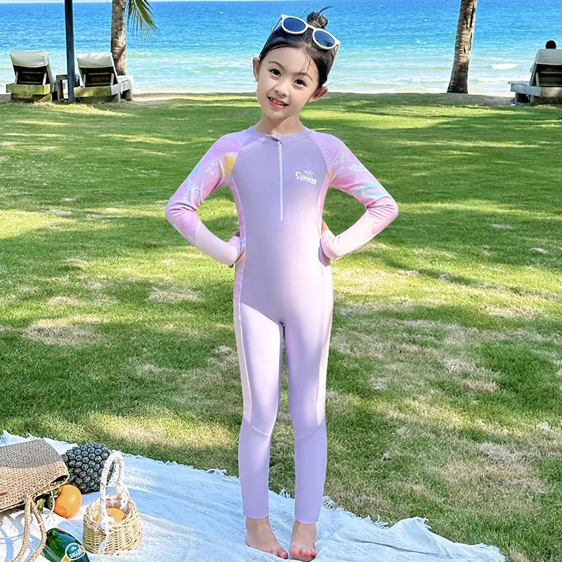 Sun Protection One Piece Girls' Swimsuit Girl Kids Swimming Suits Long Sleeve Childrens Bathing Suit Beachwear Surfing
