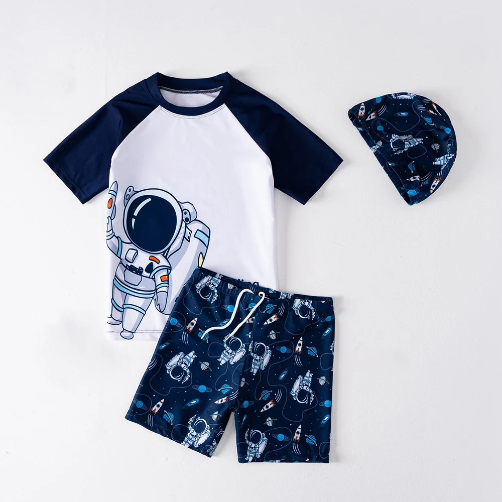 Boys Astronaut Swimsuit Set 3Pcs Kids Rash Guard Swimwear Short Sleeve Shirt + Shorts + Cap Children Beachwear UPF50+