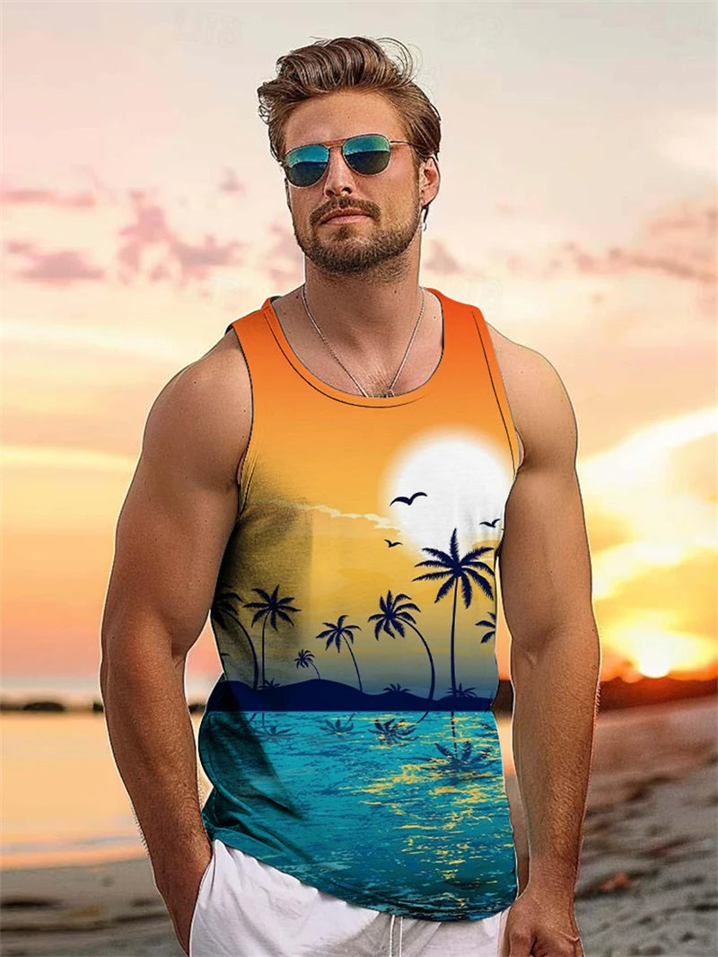 Tropical Plant Palm 3D Graphic Men's Sleeveless Hawaii Vacation Outdoor Casual Tank Tops Summer Travel Street Loose Men Clothing