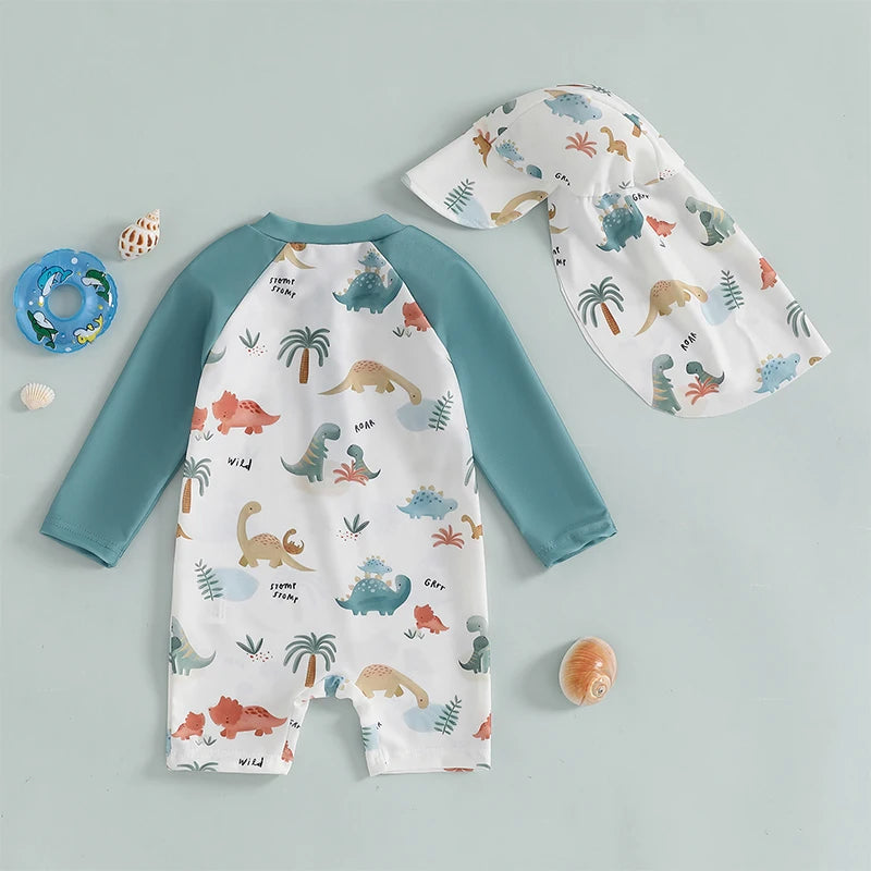 1-4T Toddler Boys Rash Guard Swimsuit Dinosaur/Shark Print Long Sleeve Zip Bathing Suit with Swim Cap