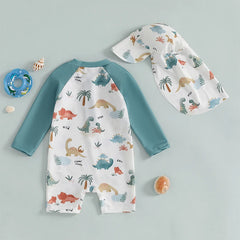 1-4T Toddler Boys Rash Guard Swimsuit Dinosaur/Shark Print Long Sleeve Zip Bathing Suit with Swim Cap