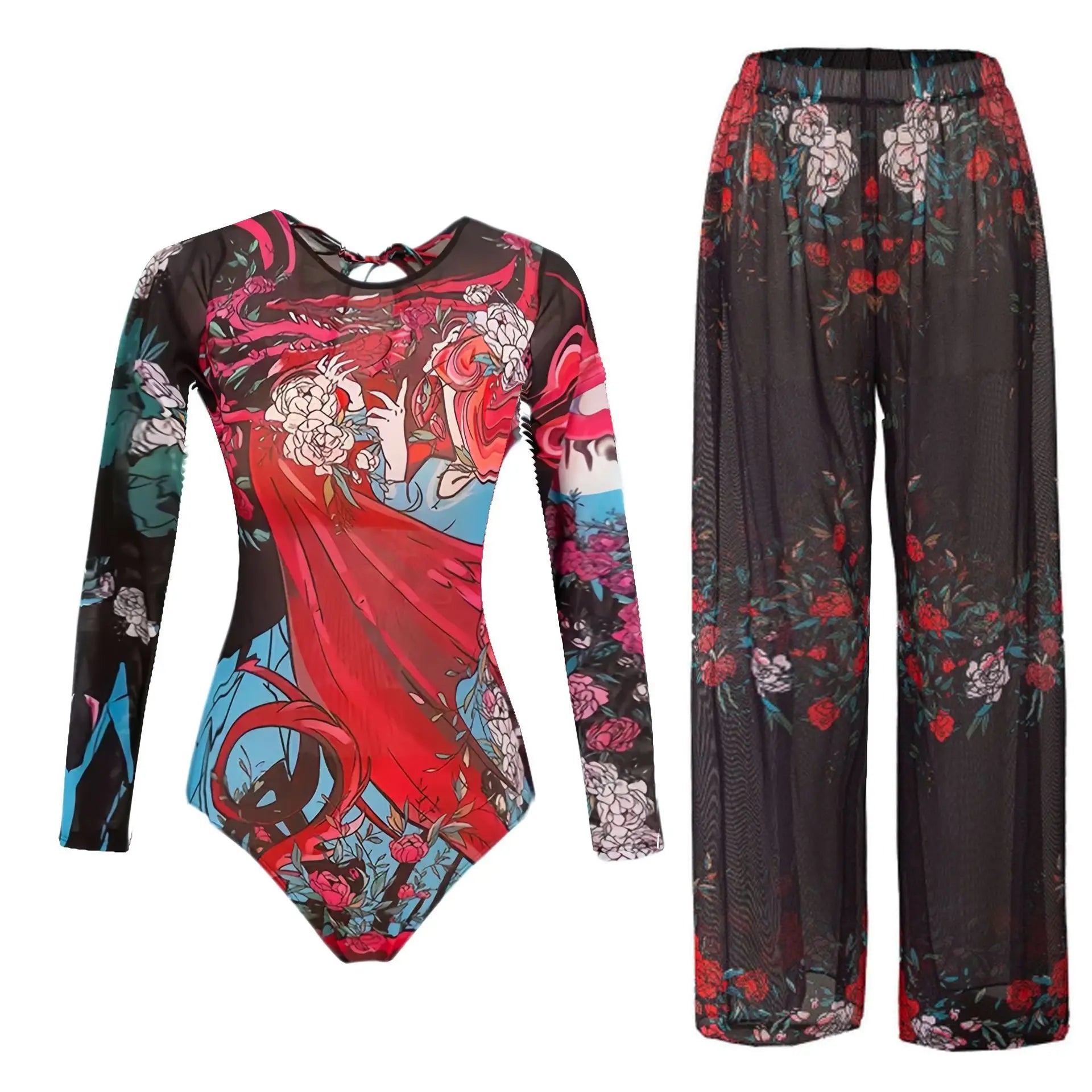 Women's Long Sleeve Swimwear Sunscreen One Piece Swimsuit High Elastic Thickened Mesh Loose Pants SPF35+ New Fitness Beachwear