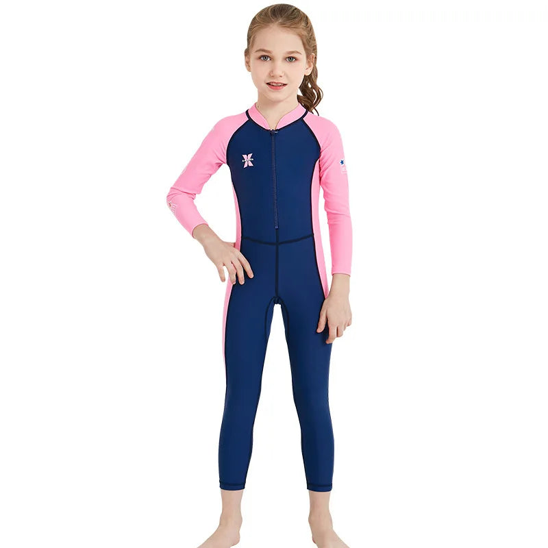 Girl Boy Swimwear Zipper One Piece Suit Kids Sunscreen Quick Drying Long Swimsuit Beachwear Bathing Suit(Including Swimming Cap)