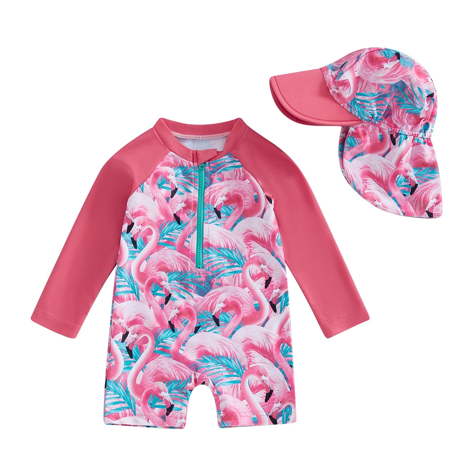 Tregren Toddler Girl Long Sleeve Swimsuit Floral/Flamingo Print Half Zipper Rash Guard Swimwear with Sun Hat Infant Beachwear
