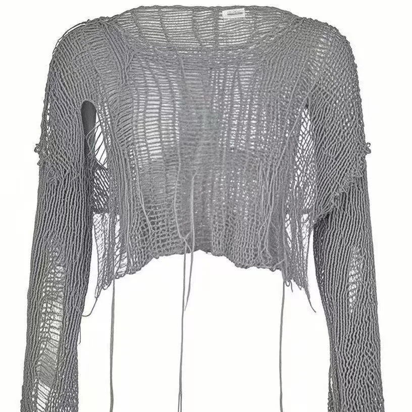 Y2k Cropped Hole Sweater Sexy Gyaru Hollow Out Knit Pullovers Goth Korean Long Sleeve Jumper Summer Fashion Sheer Knitwears Tops