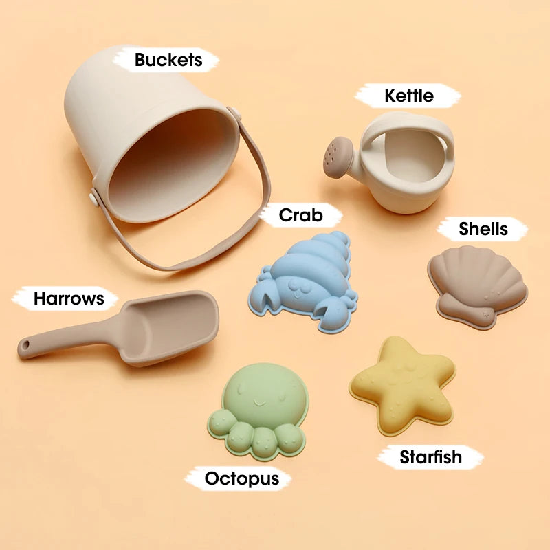 Kids Beach Bucket Set with Silicone Molds (Sea Star, Shell, Crab) | Sand Castle Toys for Outdoor & Sensory Play
