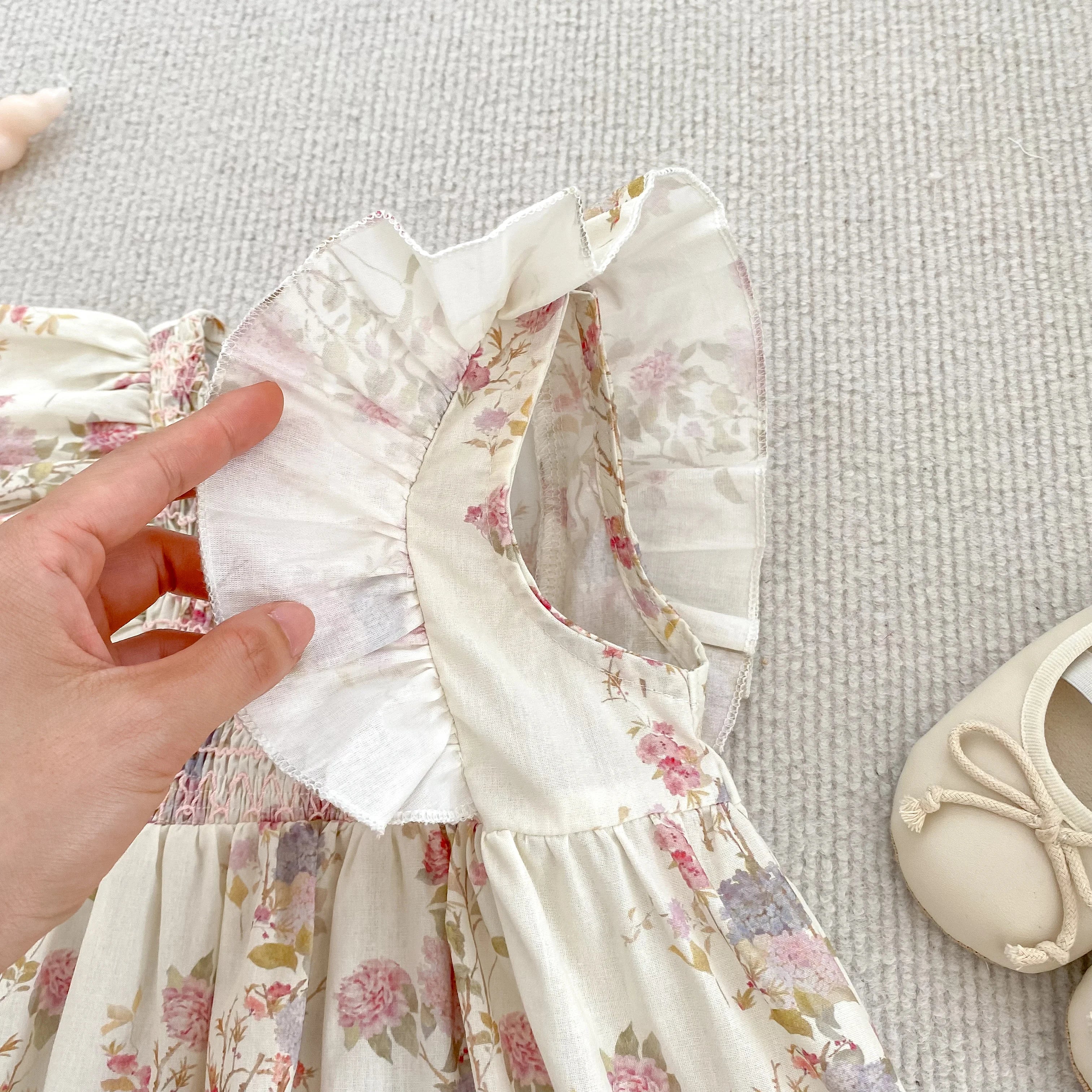 Girls Pink Floral Dress Ruffle Baby Romper Dress Summer Kids Short Sleeve Beach Dresses Toddler Bodysuit Sister Family Clothes