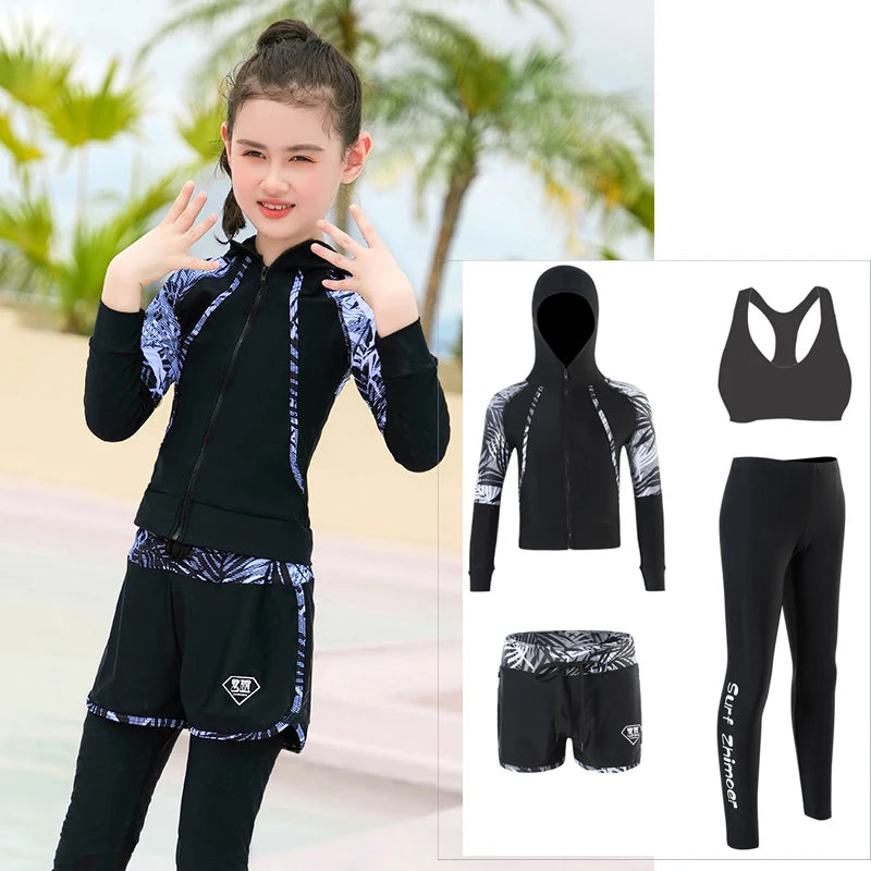 Girls Youth Long Sleeve Swimsuit Four Piece Rash Guard Bathing Suit Zip Tops Long Pants Swimwear Kids Bathing Suit Athletic