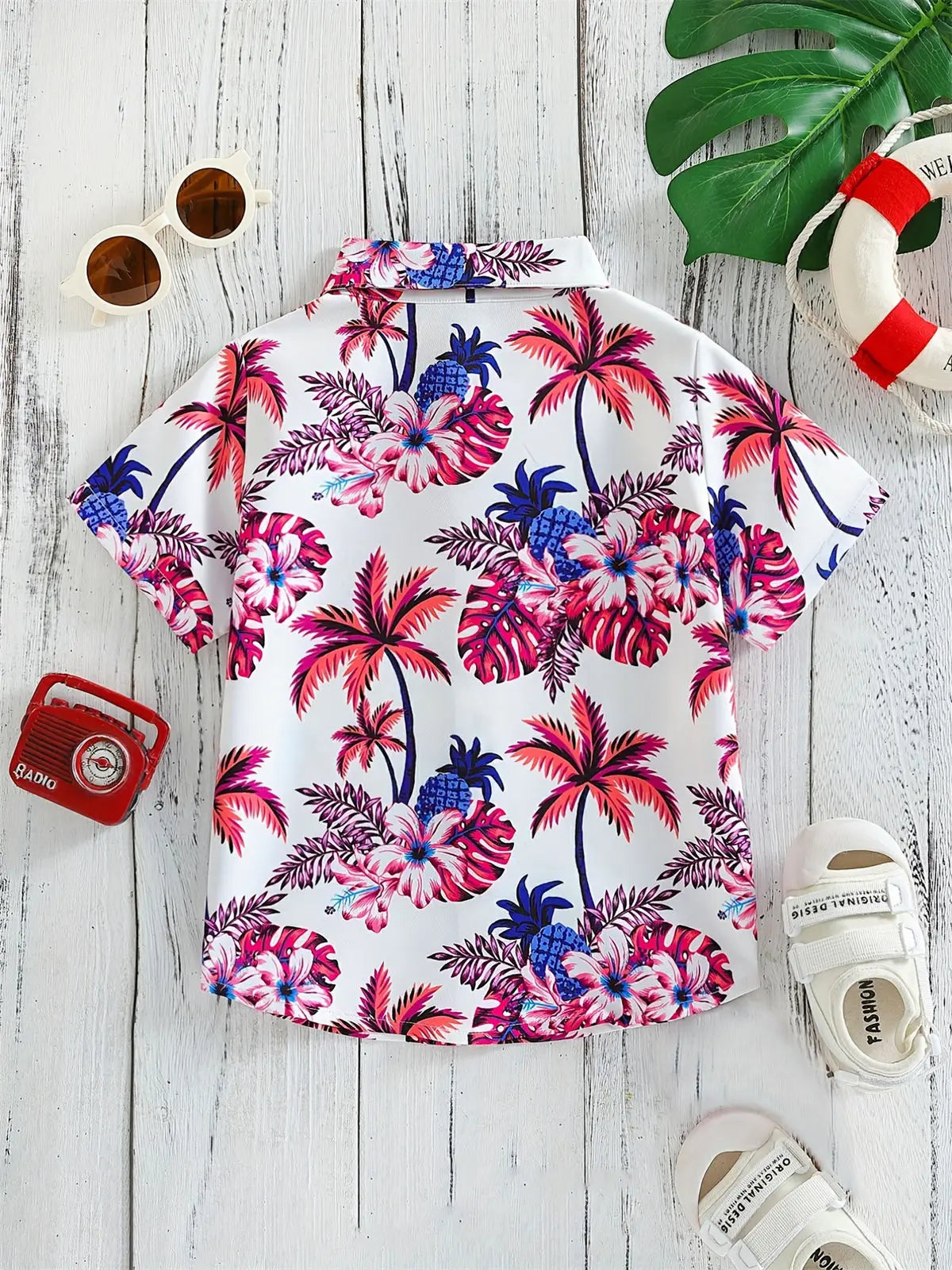 Boys Flowers and Leaves Print Short Sleeves Shirt Hawaiian Style for Vacation Beach Kids Summer Clothes O-Neck Children's Shirt
