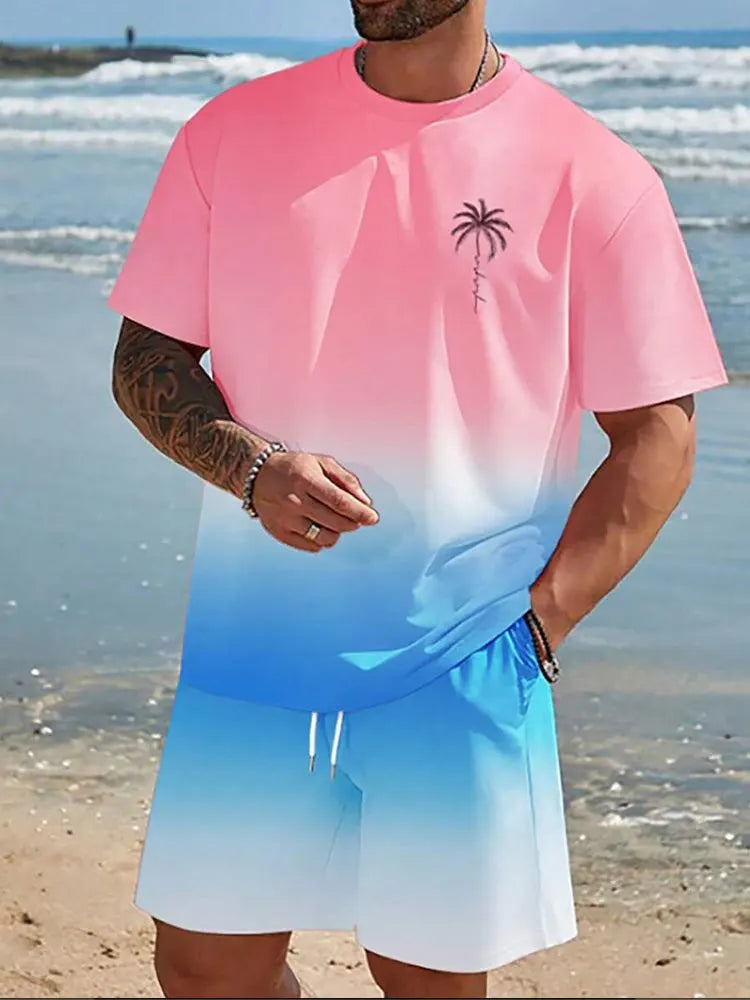 2025 Men's 2 Piece Set Hawaiian Fashion Men's T-shirt Shorts Set Daily Casual Men's Short Sleeve Top Outdoor Beach Men's Short