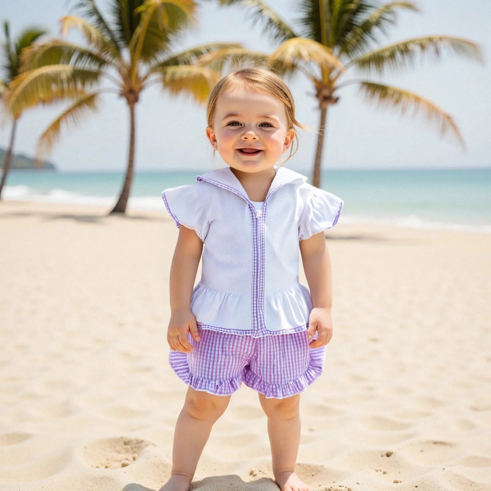 MISOWMNJOY Children Girls Beach Clothes Set Cute Flying Sleeve Zipper Hood Tops with Ruffled Plaid Shorts Summer Toddler Outfits