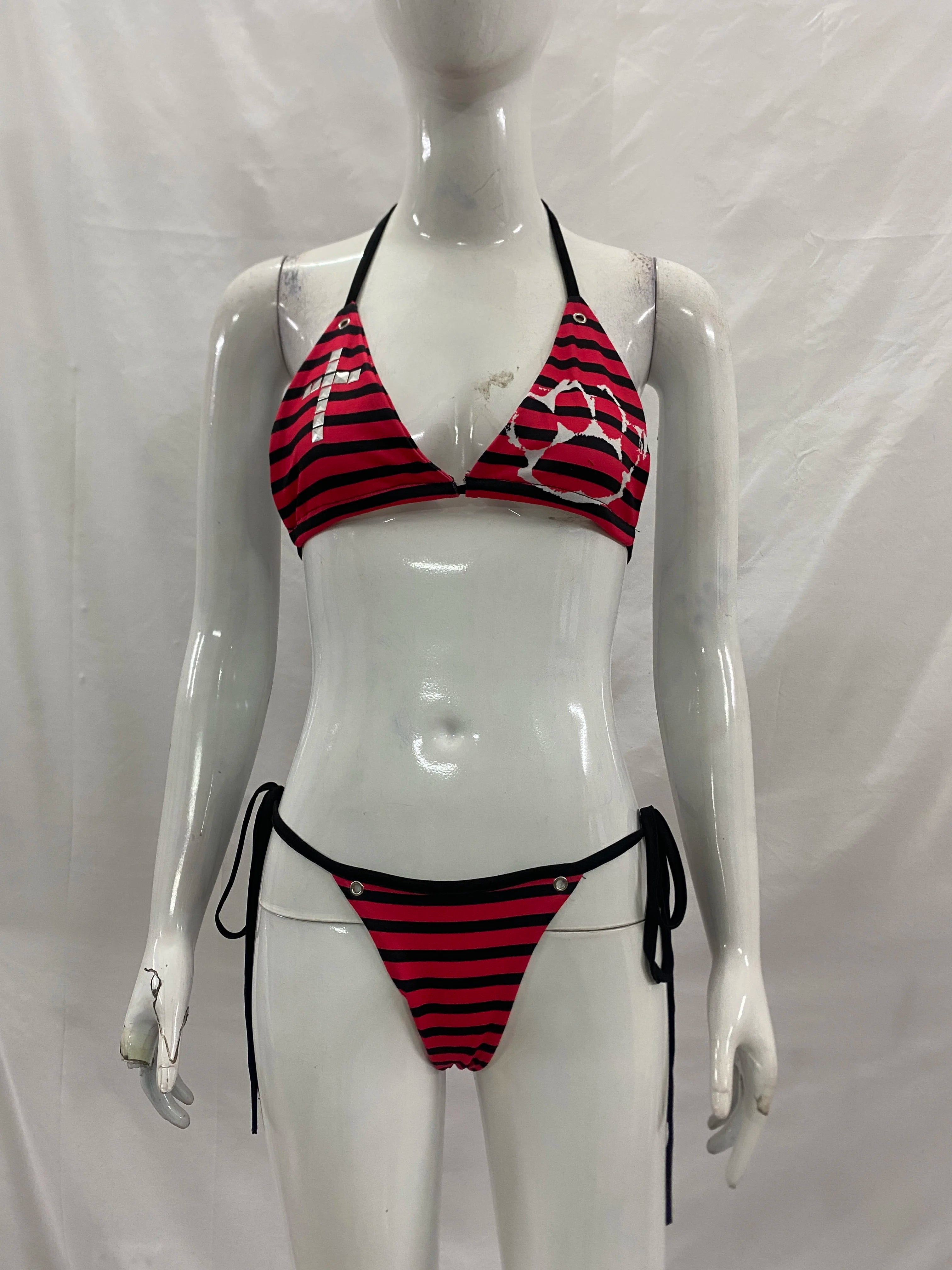 Striped Cross & Paw Print Bikini Set Women Triangle Halter Top Tie Side Bottoms Summer Y2K Punk Aesthetic Beachwear