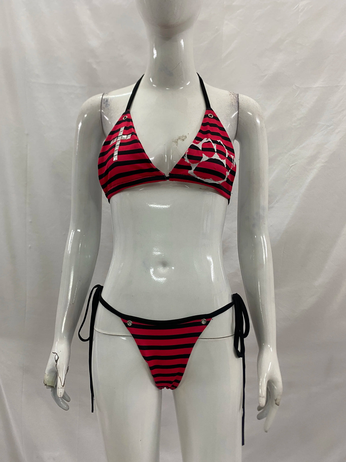 Striped Cross & Paw Print Bikini Set Women Triangle Halter Top Tie Side Bottoms Summer Y2K Punk Aesthetic Beachwear