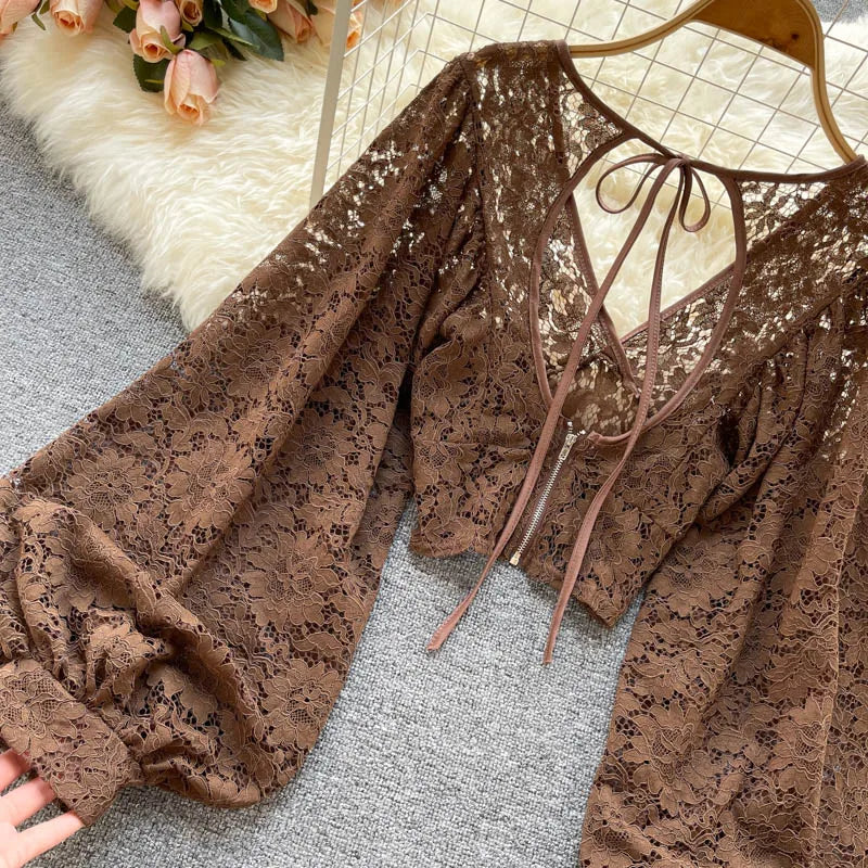 Frenchic Sexy Blusas Mujer Crochet Lace Sheer Women Tops V-neck Lantern Sleeve Backless Lace-up Ladies Elegant Blouse