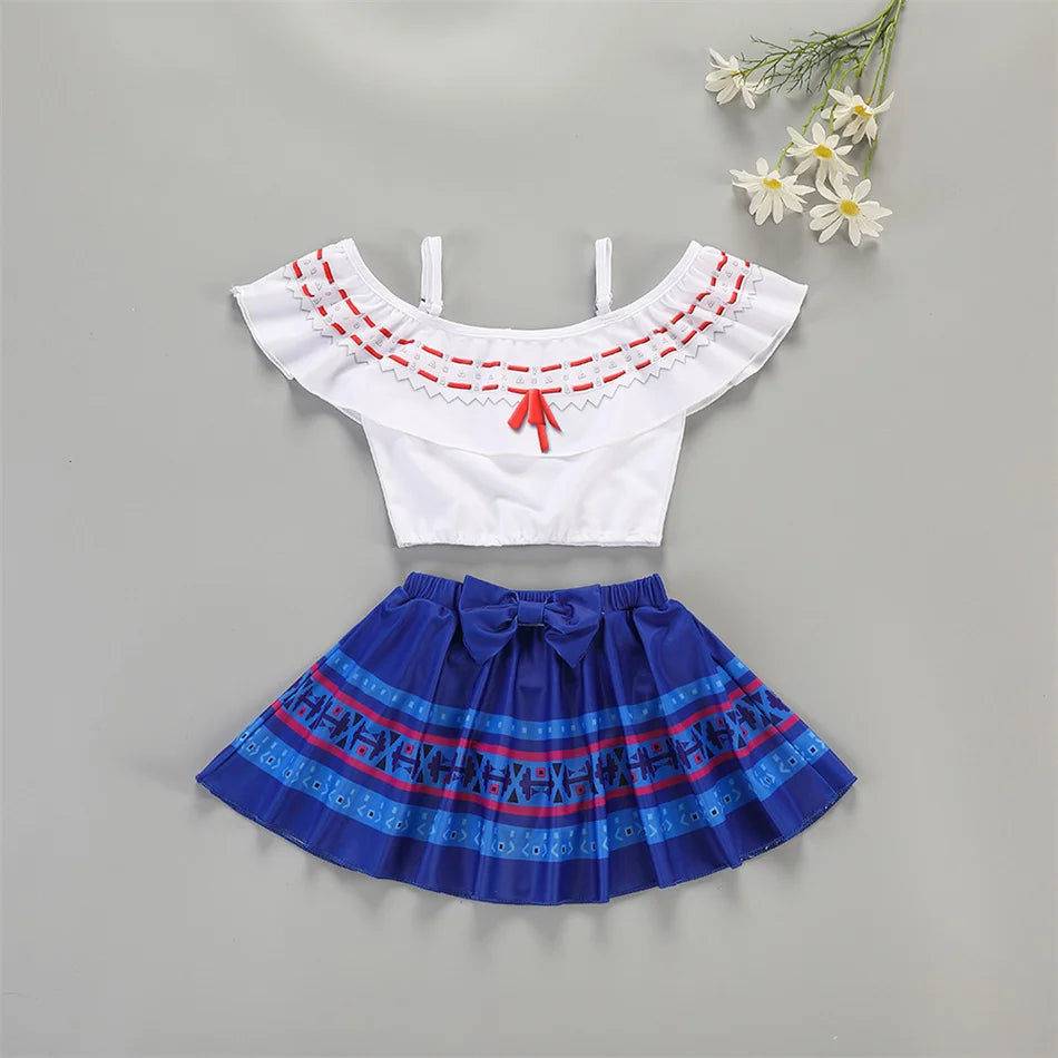 Encanto Cosplay Mirabel Isabela 2Pcs Tops Skirt Set Girls Dolores Luisa Pepa Bikini Swimwear Children Print Beachwear Costumes