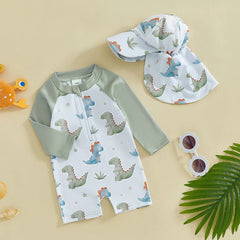 Toddler Boys Rash Guard Swimsuit Children Sportswear Dinner/Crab Print Long Sleeve Zip Bathing Suit with Swim Cap