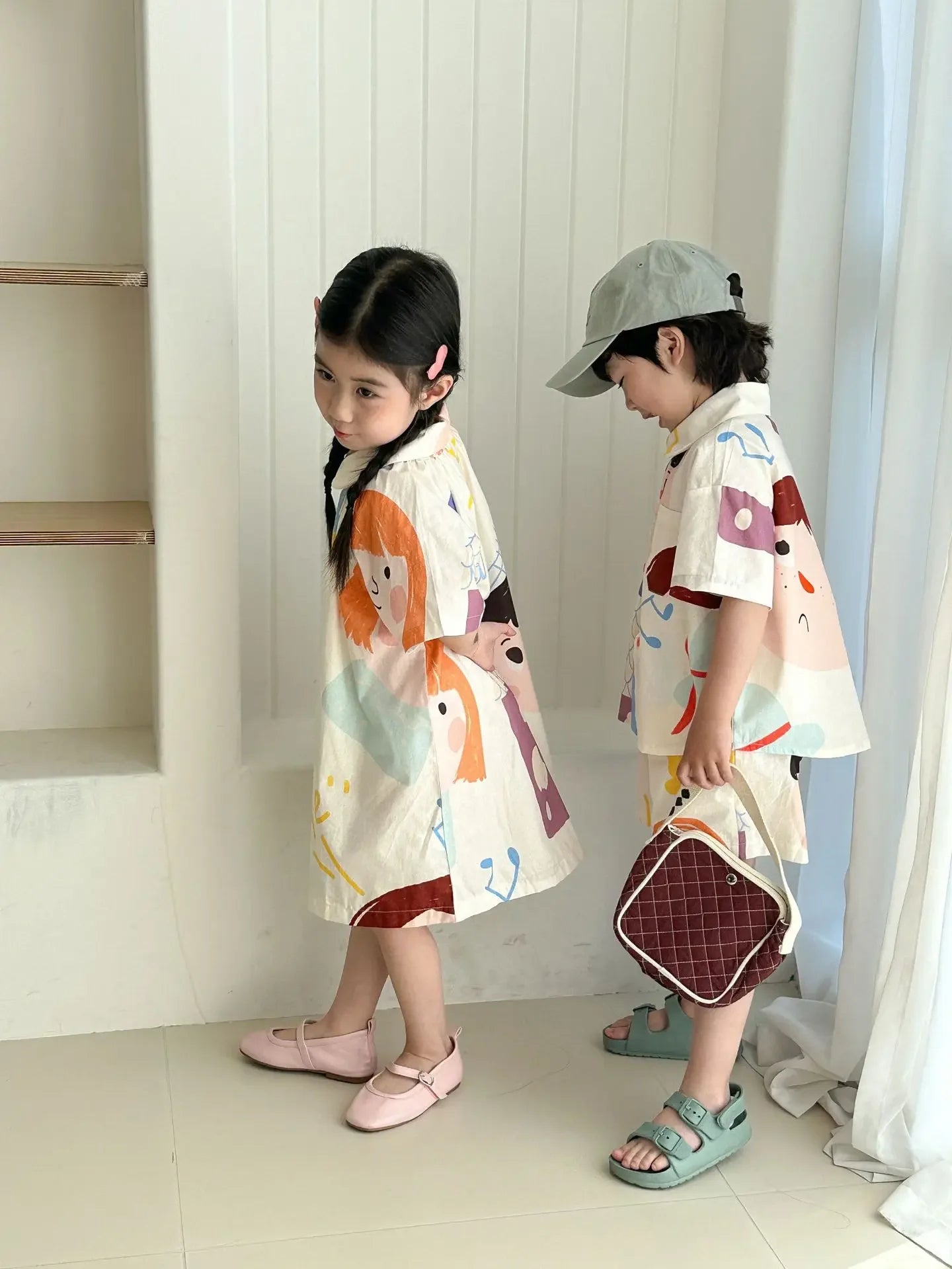 Kids Set Brother And Sister Clothes 2025 Summer New Boy's Two Piece Suit Or Short Sleeve Girl's Graffiti Dress Cartoon Clothes