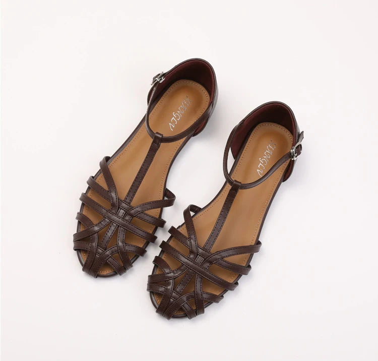 ZAROY Women's Sandals Summer Casual Footwear T-tied Cross Strap Flat Sandals Weave Hollow Roman Sandalia Zapatos сандали