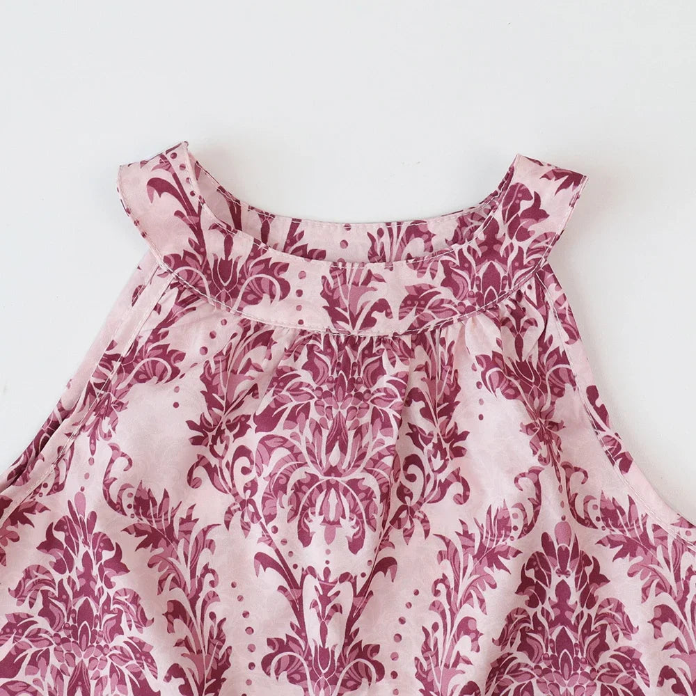 2024 New Girls Outfit Summer Small Floral Halterneck Sleeveless Suspender Set Girl Refreshing Shorts Two-Piece Set