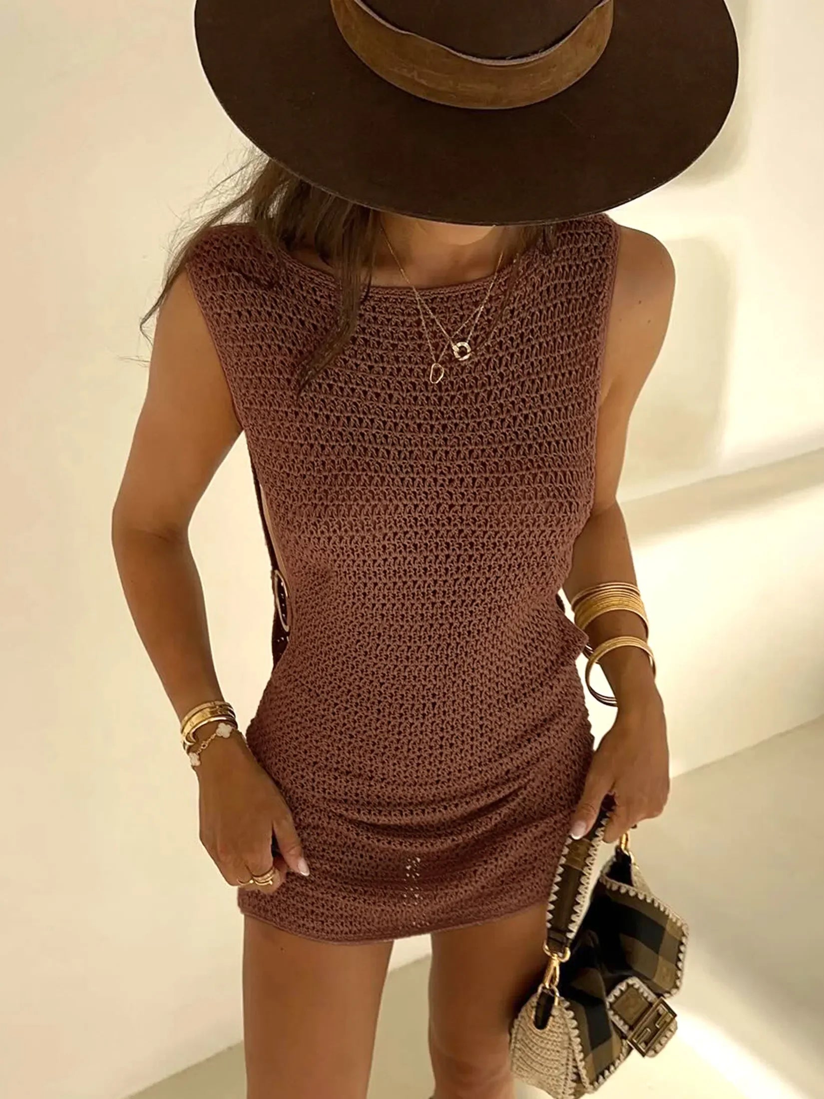 2024 Summer Sexy One Neck Cut Out Circle Decoration Corset Slim Beach Mini Dress Women Seaside Beachwear Swimwear Cover Up A2796