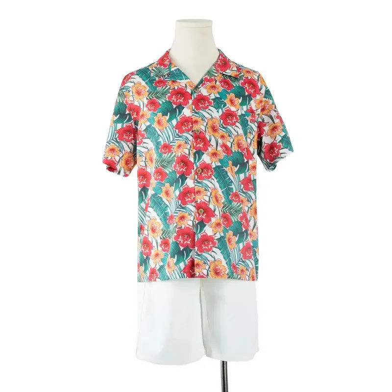 Family Holiday Clothes Dad and Son Boy Beach Shirts Two Piece Sets Vacation 2023 Mom and Baby Girl Floral Smock Dress Sleeveless