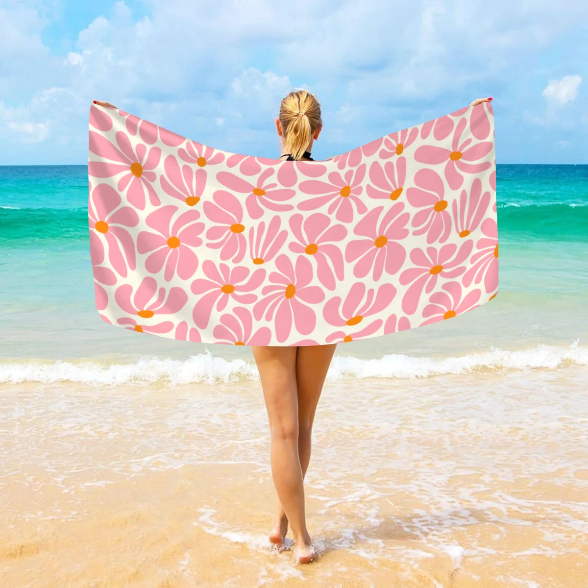 1pc Bohemian Large Beach Towel, Striped Flower Love Printed Bath Towel, Outdoor Swimming, Vacation, Camping Beach Towel