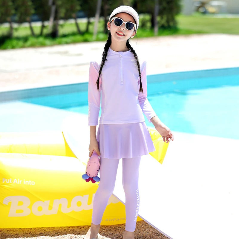 Two Piece Long Sleeve Girls Swimwear With Skirt Burkini Swimsuit Kids Children Modest Swimming Suit Sun Protection Beachwear