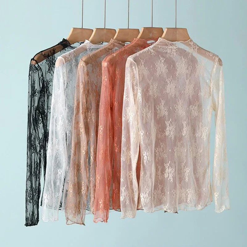 New Women Floral Lace Shirt Spring Autumn Long Sleeve Sexy Mesh Bottoming Shirts Mock Neck Blouse T-Shirt Pullover Top