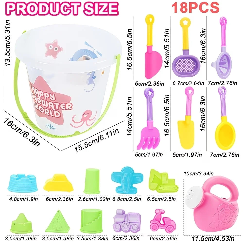 18pcs Beach Toy Set, Children Folding Bucket Summer Sand Pool Beach Game Set, Great Holiday Outdoor Play Tools For Girls Gift