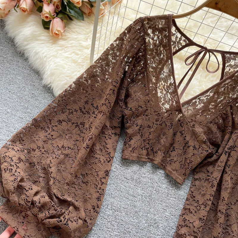 Frenchic Sexy Blusas Mujer Crochet Lace Sheer Women Tops V-neck Lantern Sleeve Backless Lace-up Ladies Elegant Blouse