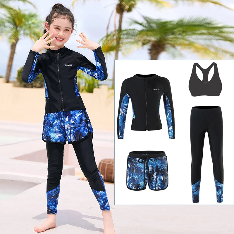 Girls Youth Long Sleeve Swimsuit Four Piece Rash Guard Bathing Suit Zip Tops Long Pants Swimwear Kids Bathing Suit Athletic